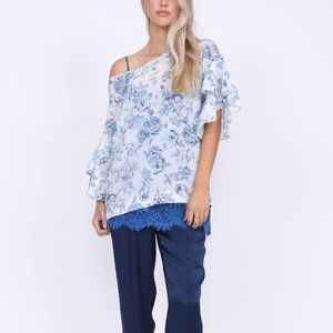 Gold Hawk Floral Printed Tunic Short Sleeve Top *NWT* ; Blue White SMALL